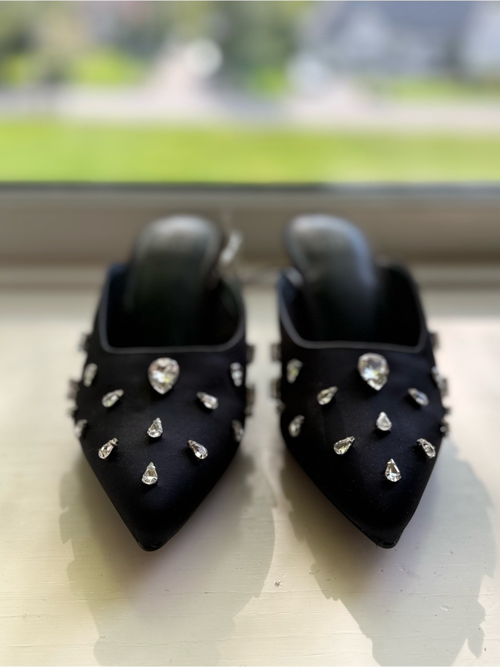 Black Jeweled Pointed-Toe Mules